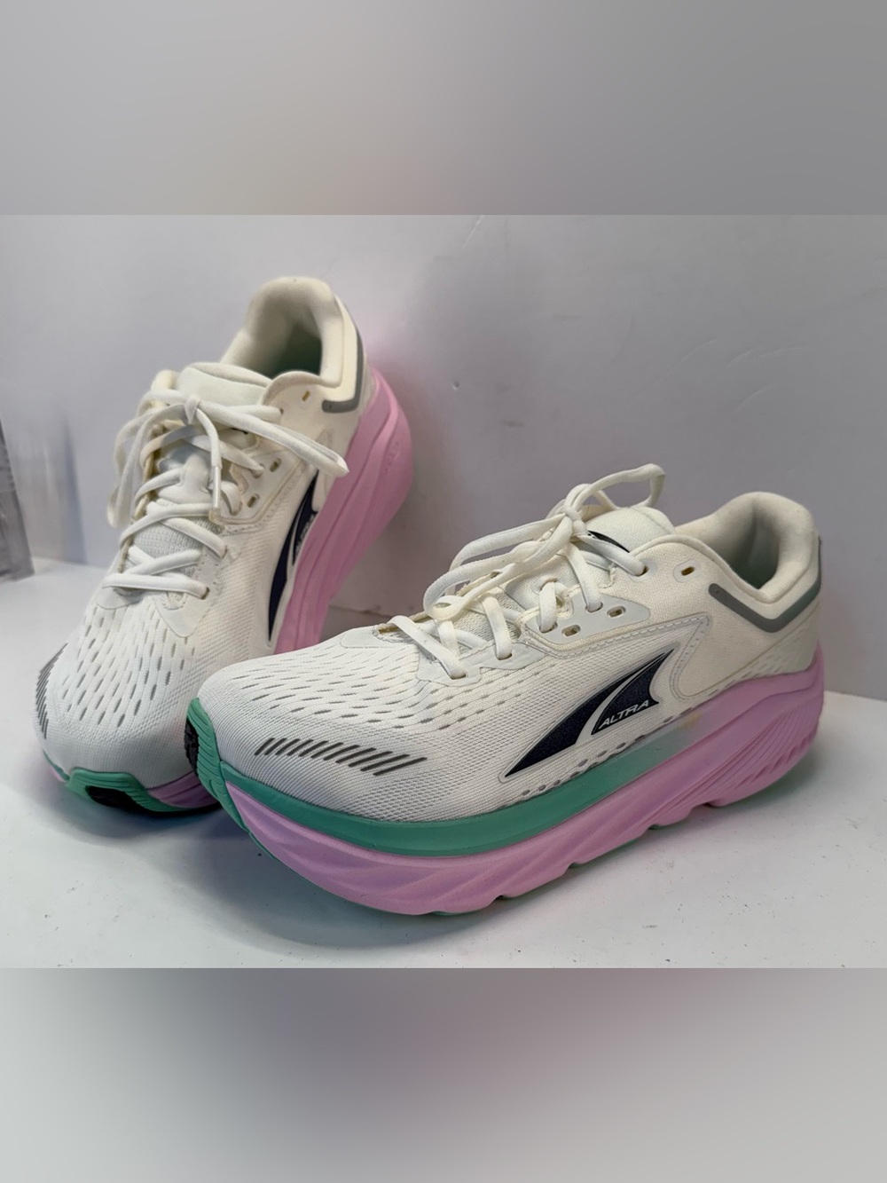 Altra Via Olympus max cushion White Running Sneakers with Pink & Mint womens 8.5